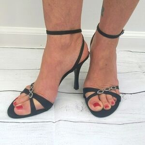 BCBGirls Black Satin Ankle Strap Sandals - Size 8